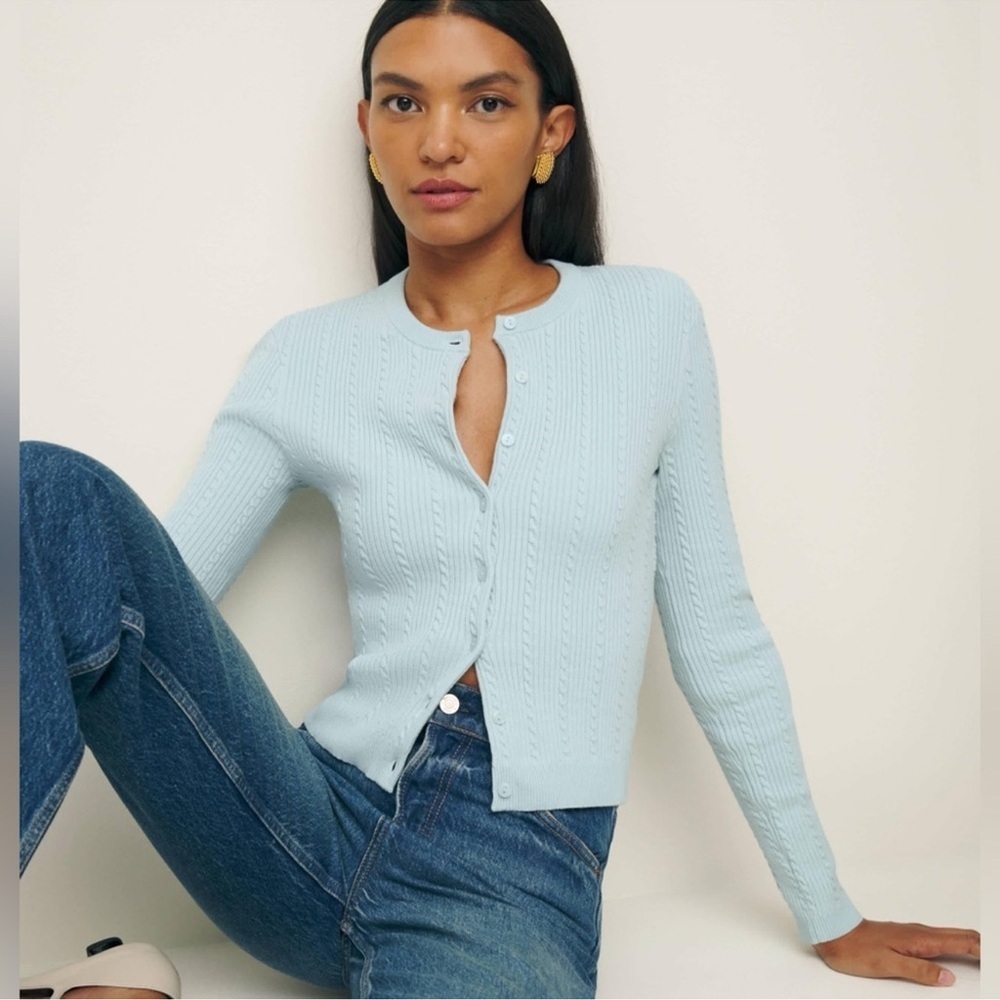 Reformation Natalie Cable Knit Cotton Cardigan Sweater Light Blue XL - Picture 3 of 15